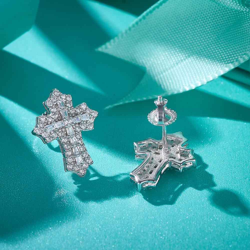 Cross Moissanite Earrings 14K White Gold Plated Studs Screw-Back Earring