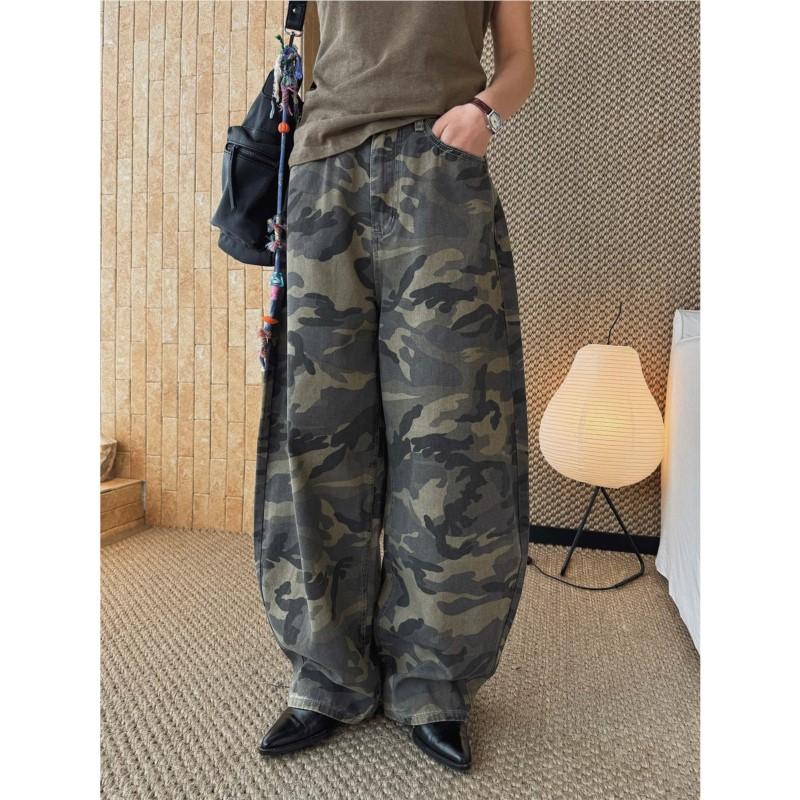 Johnature Bahar Kore Tarzı Retro İş Giysisi Kamuflaj Geniş Bacak Kot Pantolon Bol Kesim Uzun Pantolon Kadınlar İçin
