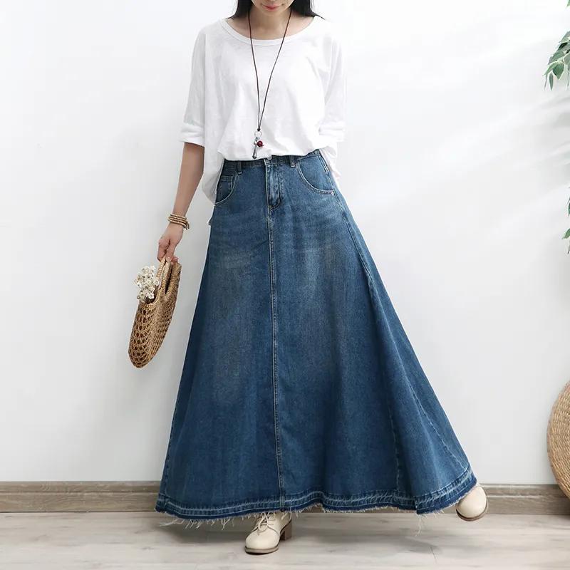 Plus Size Denim Lang Nederdel Dame Efterår Tynd Drapering Halvlængde A-form Paraply Nederdel Høj Talje