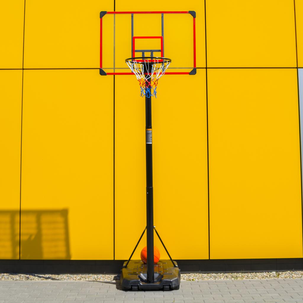 Freestanding basketball hoop with outdoor backboard, height adjustable