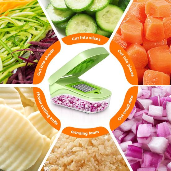 Gemüsehacker mit 8 Klingen Julienne-Schneider Würfelschneider Reibe Schäler Edelstahl Zwiebelhacker Unverzichtbares Küchenwerkzeug für Kartoffeln Karotten Zwiebeln