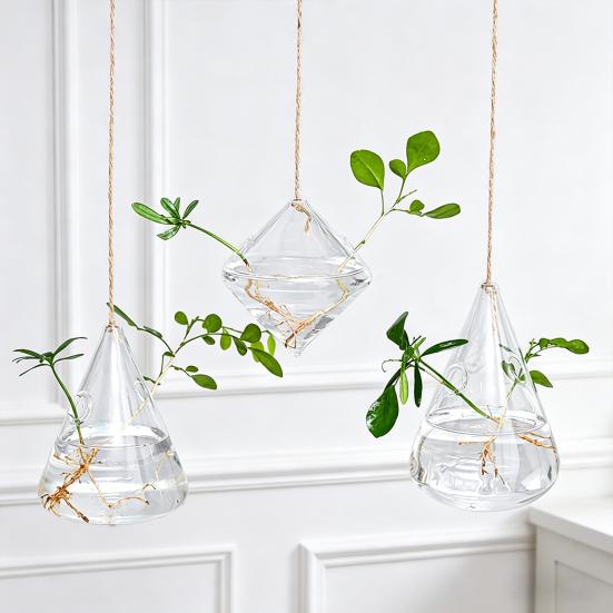 3 Pcs Hanging Glass Planter Clear Plant Propagation Stations Hydroponic Flower Vase for Indoor Home Office Living Room Decor