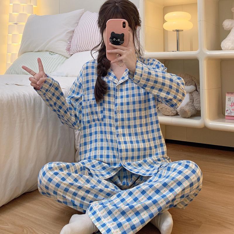 

Простая клетчатая синяя полосатая пижама с цветочным принтом, зимняя пижама для сна, повседневная женская пижама с отворотом на шее и пуговицами, ночная рубашка M