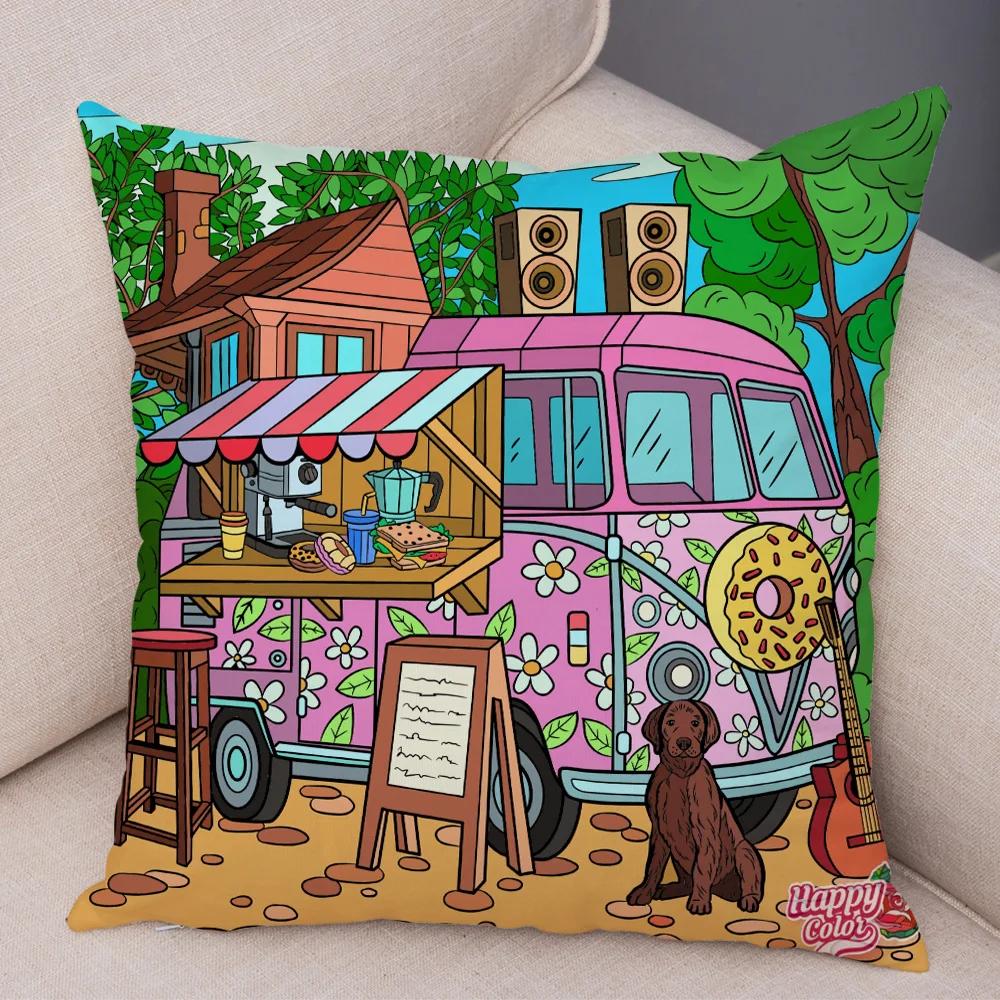 Pillowcase Happy Camper Cartoon House Travel Car Cushion Cover Sofa Home Super Soft