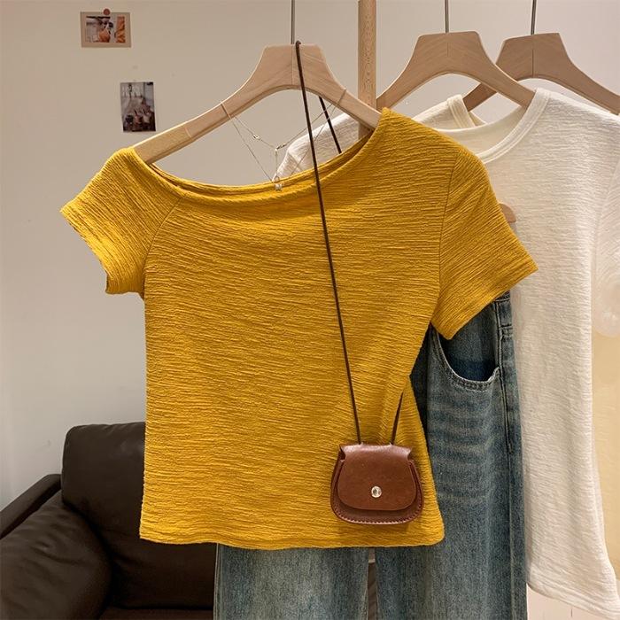 Workmanship Texture Oblique Neck Off-Shoulder Short Sleeve T-Shirt Women s Summer S