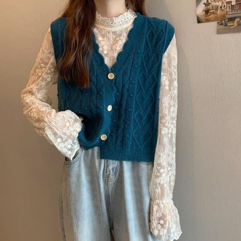 

Короткий вязаный жилет женский на четыре сезона, свободный, модный, верхняя одежда, маленький жилет, свитер с V-образным вырезом, жилет, верхняя одежда 2XL темно-синий