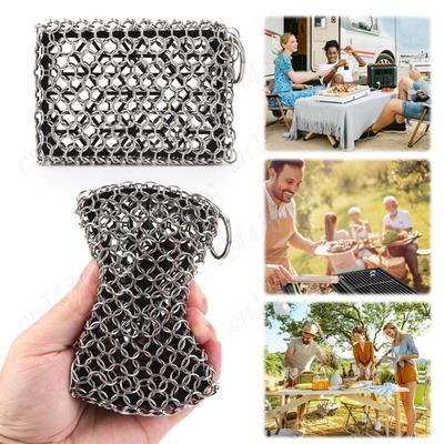 Cast Iron Cleaner with Hanging Ring Chainmail Scrubber Stainless Steel Metal Cleaning Brush for Cast Iron Pre-Seasoned Pans