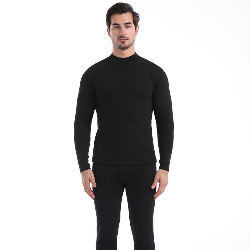 Men's Solid Color Brushed Plus Velvet Thermal Underwear Set for Autumn and Winter