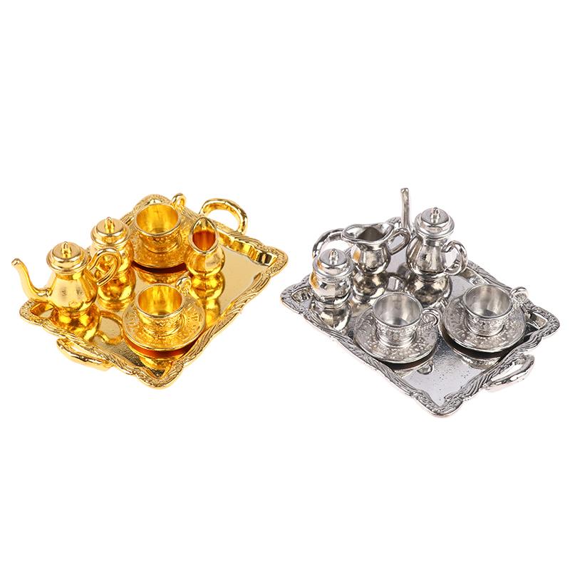 8Pcs/Set Dollhouse Miniature Square Plate Metal Wine And Tea Set