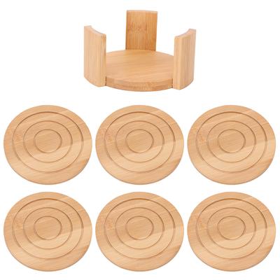 6PCS Bamboo Coaster with Holder Round Cup Mats Pad for Cold Drinks and Hot Beverage Home Supply