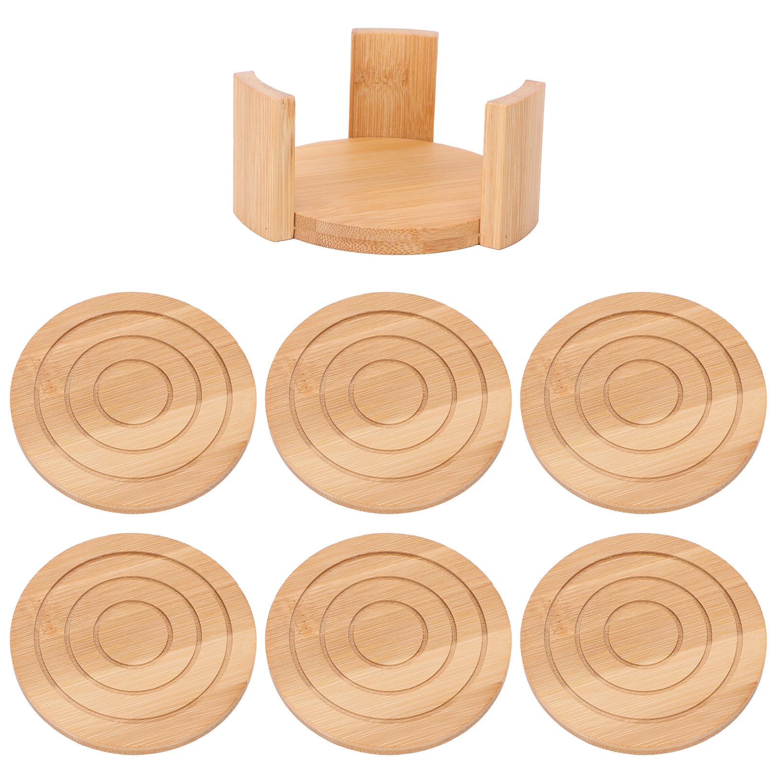 

6PCS Bamboo Coaster with Holder Round Cup Mats Pad for Cold Drinks and Hot Beverage Home Supply