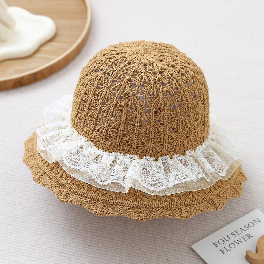 Cappello da Sole da Bambino a Tesa Larga in Paglia - Cappello a Secchiello Traspirante in Stile Coreano per la Spiaggia con Pizzo per Primavera ed Estate.