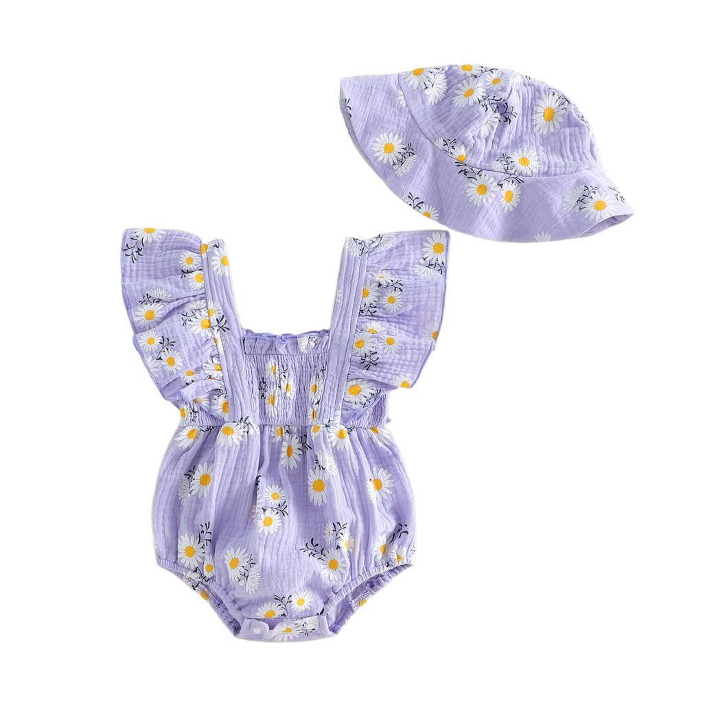 Citgeett Summer Infant Baby Girl Outfit Flying Sleeve Floral Print Bodysuit Hat Casual Clothes Set