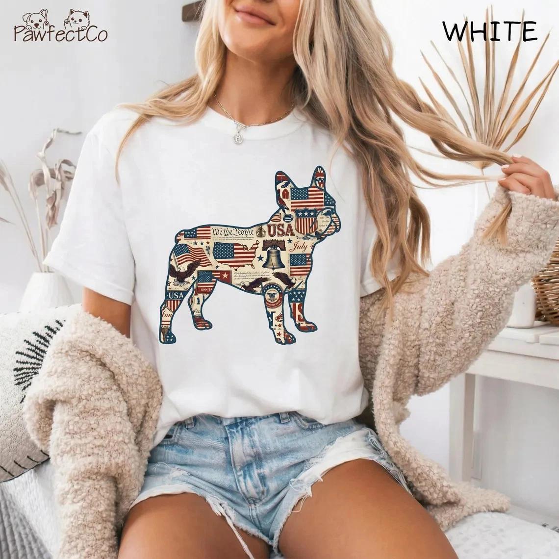 French Bulldog T- Shirt USA Flag Dog Patriotic 4th of July Gift Tee 4XL