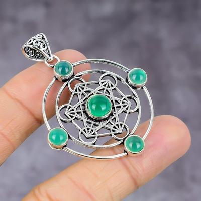 Natural Green Onyx Gemstone Handmade 925 Sterling Silver Pendant 2.17" H5V00