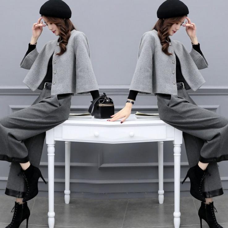 Women's Autumn and Winter Plus Size Two-piece Pants Woolen Short Jacket Wide-leg Pants Casual Fashion Suit Women's Trend