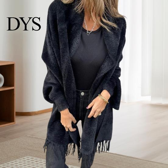 Women Shawl Jacket Winter Fall Thick Fleece Fringe Tassel Hem Long Bat Sleeves Open Stitch Cardigan Knitted Fuzzy Mid Length Coat Outdoor Daily