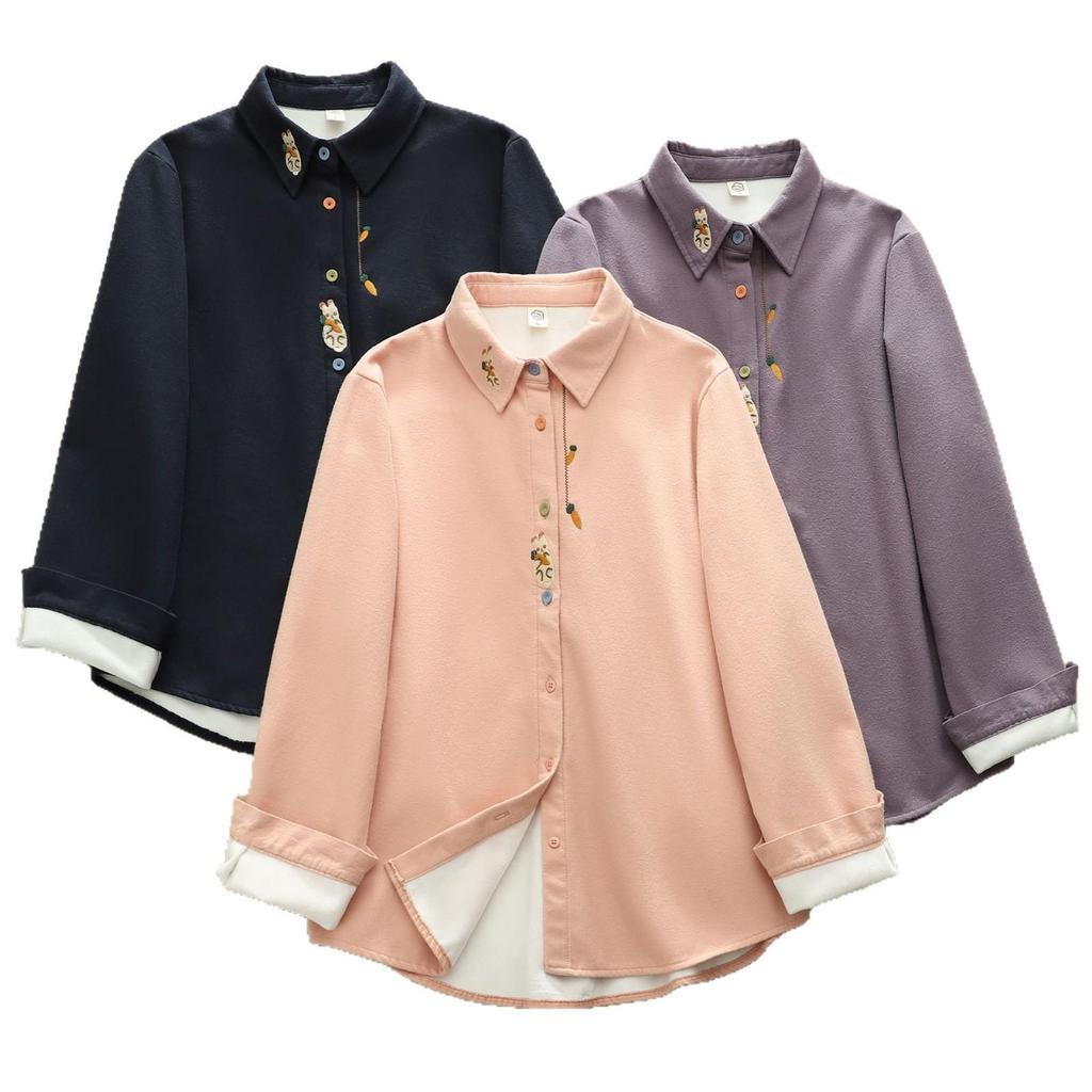 Women's Warm Autumn/Winter Velvet Shirt with Artistic Rabbit & Radish Embroidery