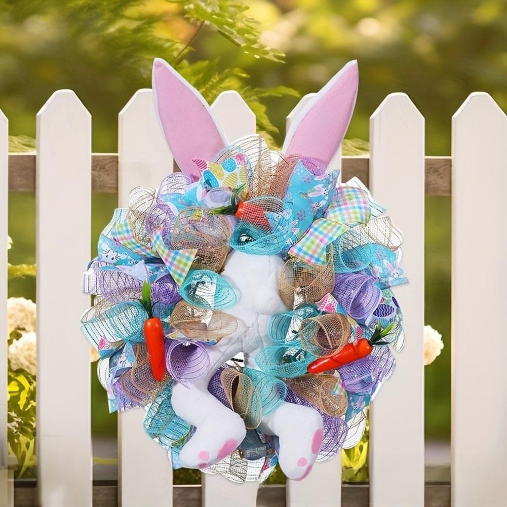 Colorful Easter Bunny Door Wreath with Handmade Ribbon and Creative Rabbit Design for Festive Holiday Decoration