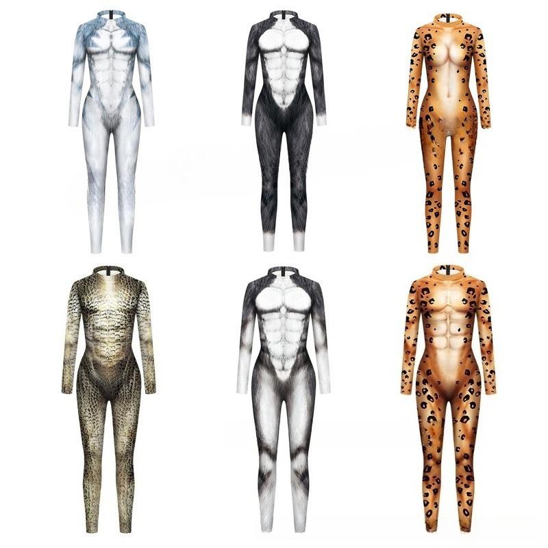 Adults Animals Dog Wolf Snake Leopard Printing Jumpsuit Women Men Halloween Cosplay Costume Carnival Party Stage Role Playing Dress Up Outfit