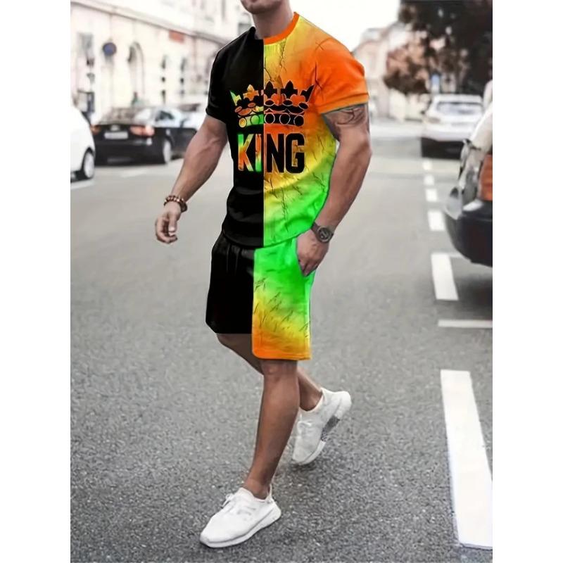 Hip Hop Style Personality Cartoon 3D Printed Men's Round Neck Short Sleeve 2 Fashionable Street Sports All-match Men's Suit