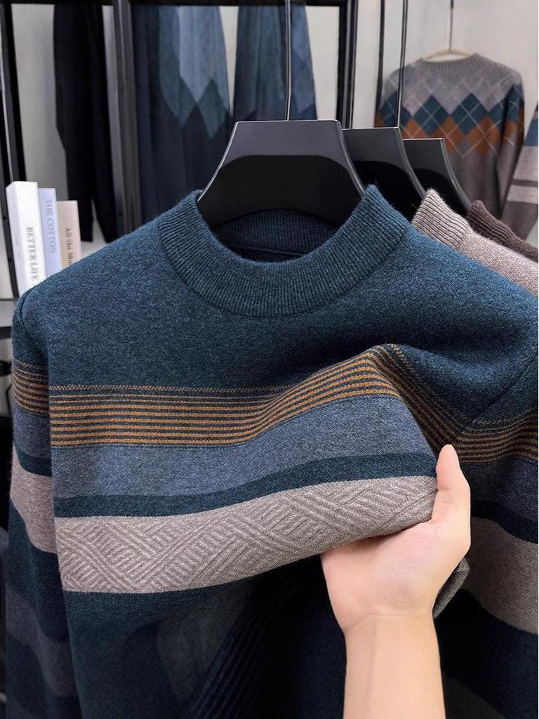 Men's Winter Striped Color Block Half-High Collar Fashion Knit Sweater