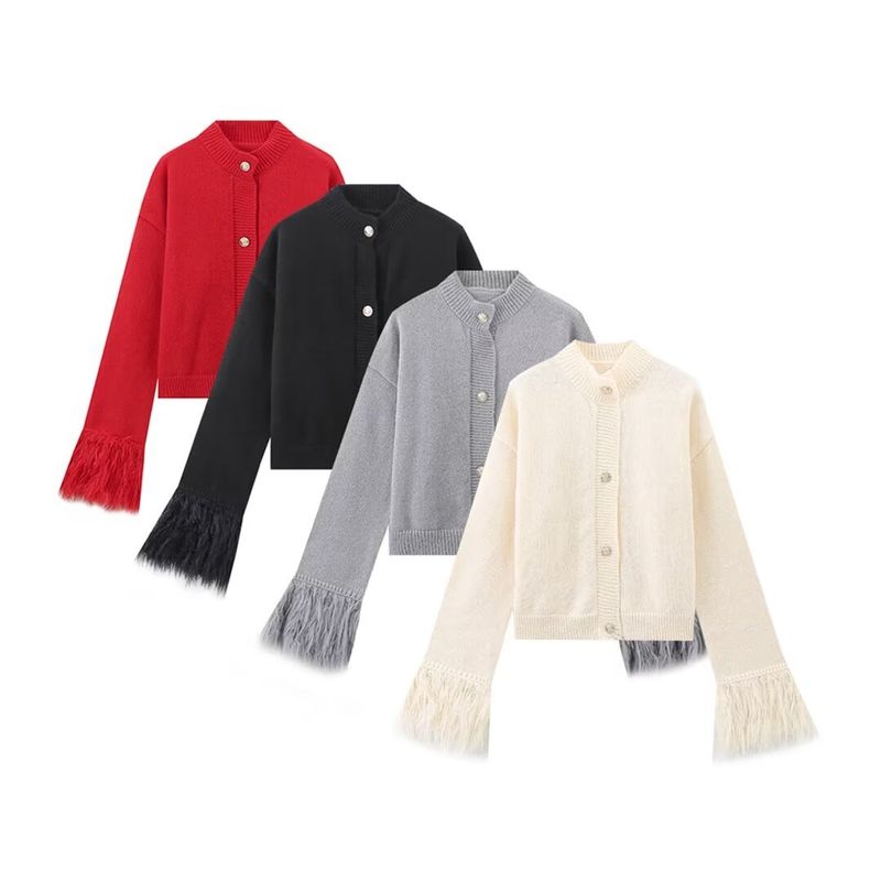 Kaslead New Arrival Women's Clothing Fashion Style Fashion Minimalist round Neck Fur Patchwork Knitted Long Sleeve Cardigan