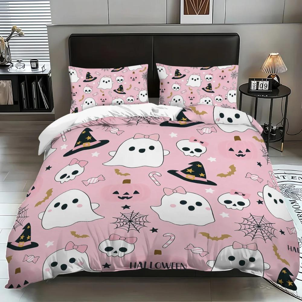 3pcs Halloween Themed Cartoon Ghost Spooky Pattern Bedding Set Halloween Home Decoration