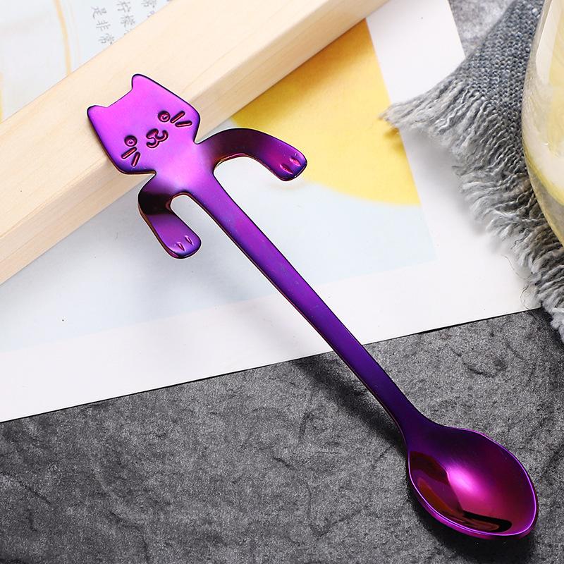 Colher de café em aço inoxidável, adorável, formato de gato, colher de chá, sobremesa, lanche, colher de sorvete, mini colheres, utensílios de cozinha