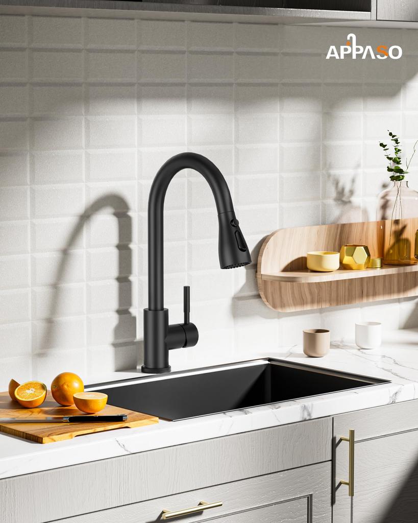 APPASO Black Kitchen Rotating Single SUS304 Stainless High Arc Sink with Hot and Cold Water Pull-Out Mixer, 360° Lever, Steel, Gooseneck, Mixer,