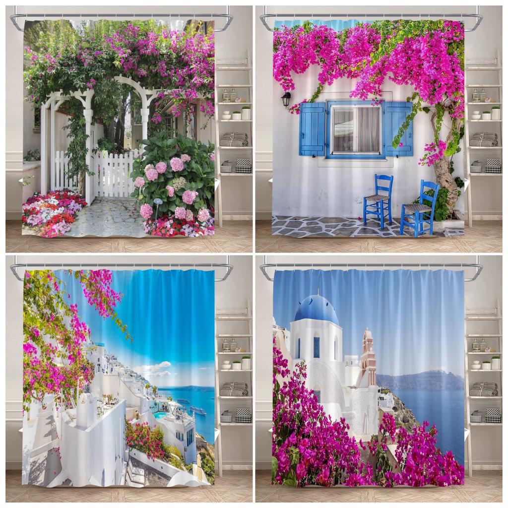 Seaside Townscape Shower Curtain Mediterranean Blue White Architectural Natural Flowers Ocean Polyester Bathroom Curtains Decor