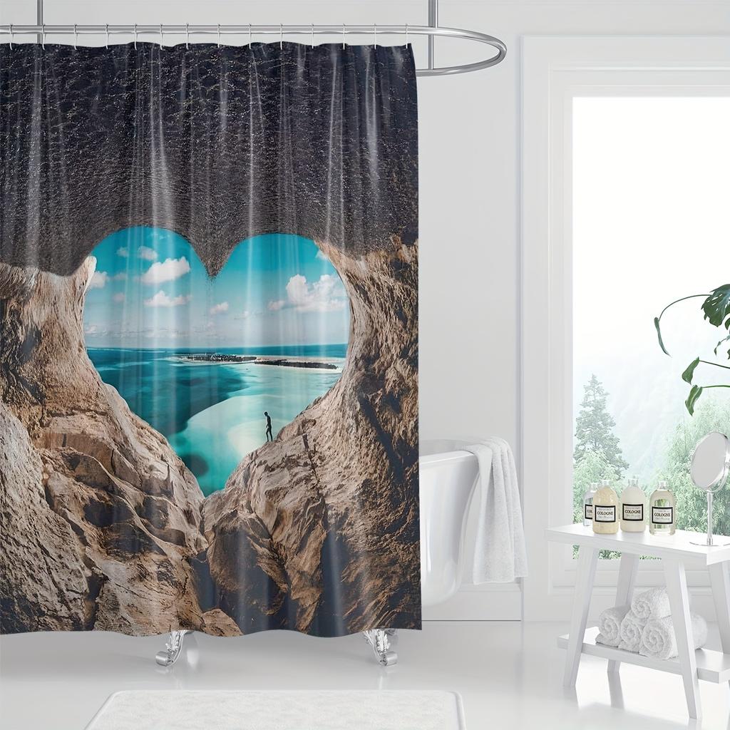 Beach Heart Shower Curtain - Polyester, Machine Washable, Blue & Turquoise, Hooks Included, Ideal for Beach Fans