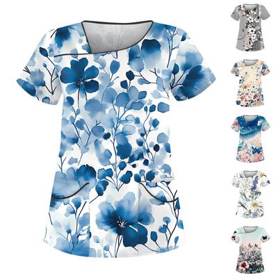 Women's Casual Print Short Sleeve Sloping Collar Workwear Top With Double Pockets