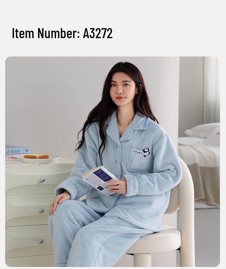 Women's Winter Flannel Pajama Set: Long Sleeve Cardigan & Warm Coral Fleece with Cartoon Panda Design