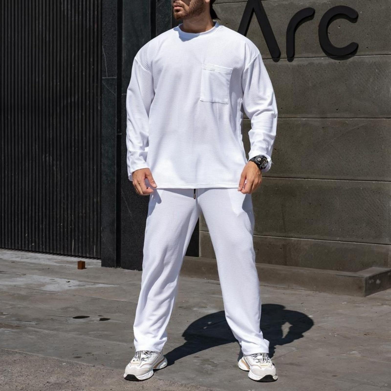 

Мужской однотонный свободный комплект из двух предметов с круглым вырезом, накладным карманом, дышащий спортивный топ с длинным рукавом и брюки XL белый