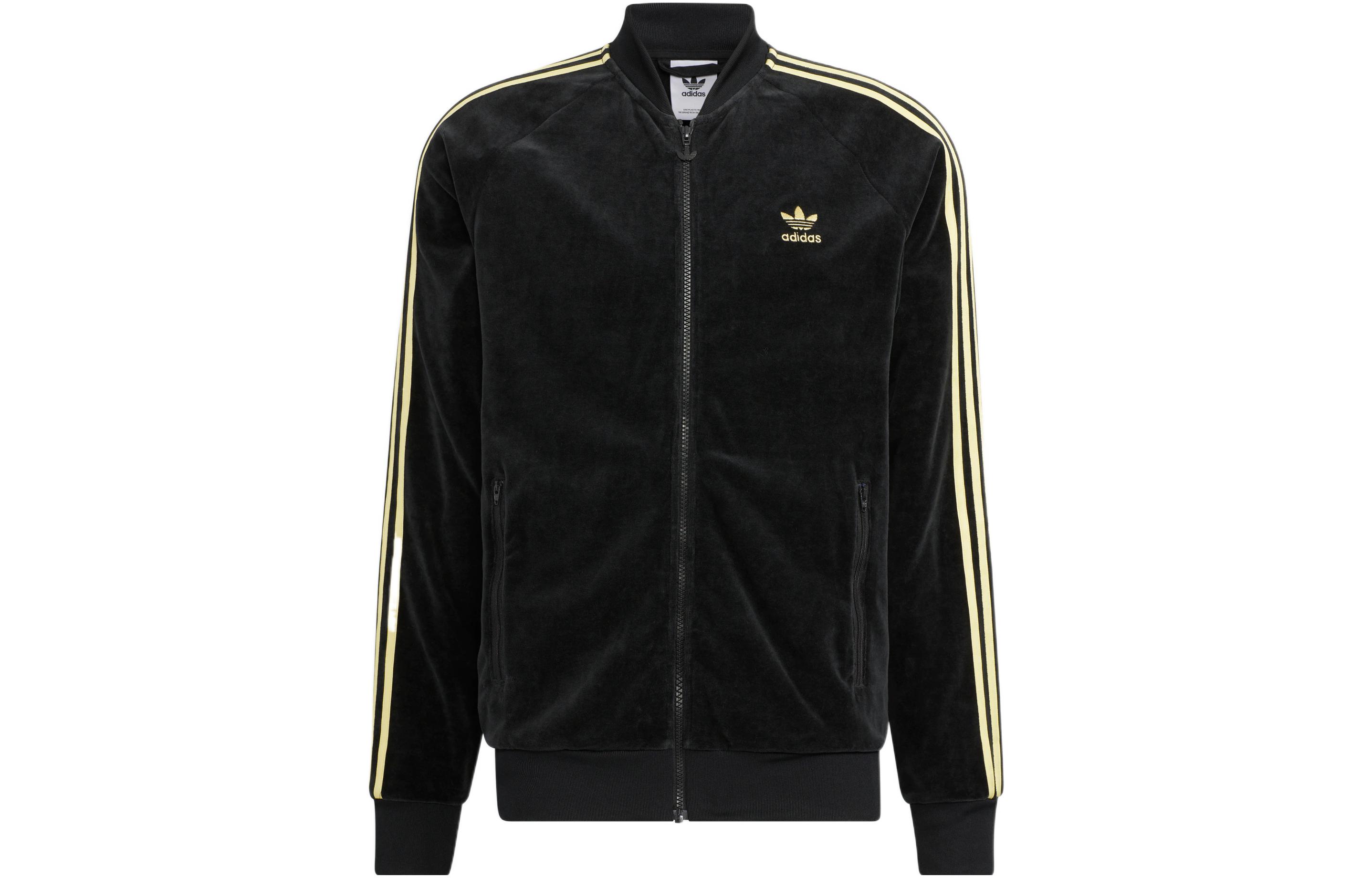 adidas originals Men s Velour Stripe Logo Zip Jacket Black HR3445 XXXL