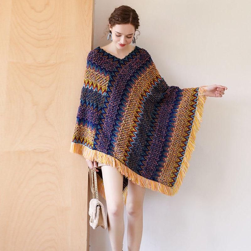 Vitange  Ethnic Pullover Sweater Coat Women Autumn Color Block Striped Loose Knit Sweater Fringed Hem Shawl Top