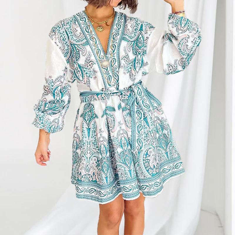 Damen Retro Nationalstil Laternenärmel V-Ausschnitt Print Kurzes Kleid