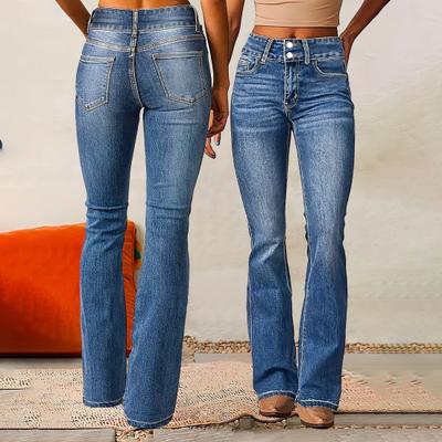 Jeans Retro da Donna con Tasche Vita Media Chiusura con Bottone e Cerniera Pantaloni in Denim Elasticizzato Tinta Unita Vestibilità Slim Pantaloni Svasati per Quotidiano Festa Lavoro