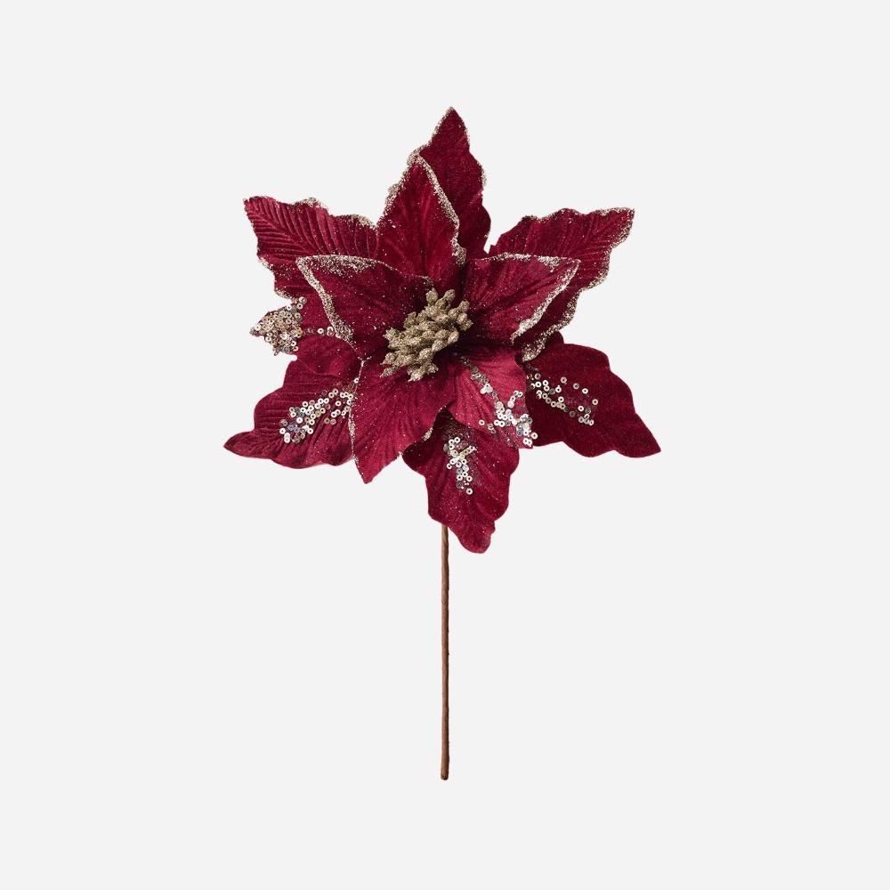 Flannel Fabric Christmas Artificial Flowers Plastic 28cm Xmas Decorative Flowers Glitter DIY Glitter Fake Flower