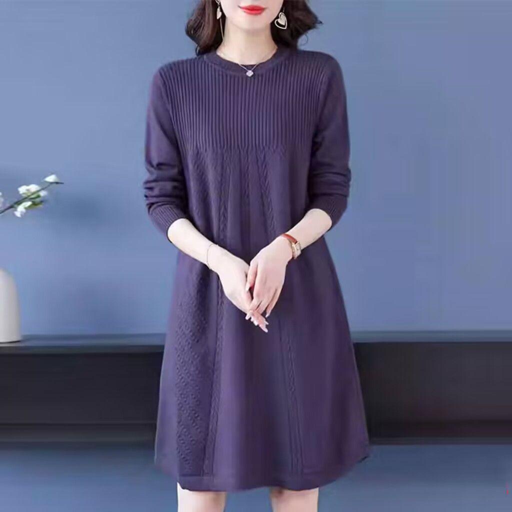 Korean Style Medium-Long Knit Dress for Spring/Autumn - Concealing Mother's Base Layer Wool Dress
