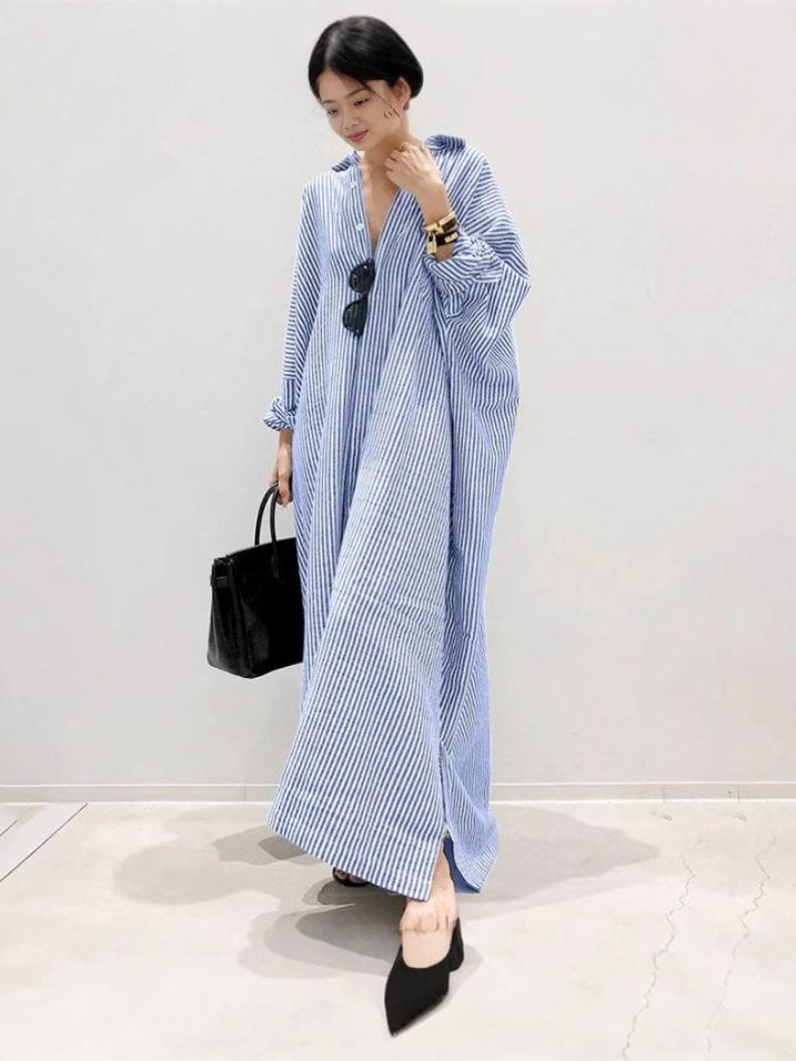 European & American Women's Plus Size Loose Striped Print Long Dress