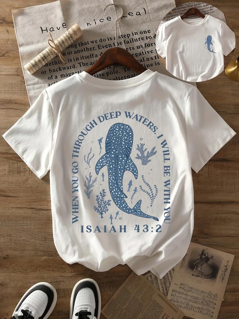 Beach Whale Shark Print T-shirt Round Neck Short Sleeves Women's Casual Tops Summer and Spring Women's T-shirt Cute Tees