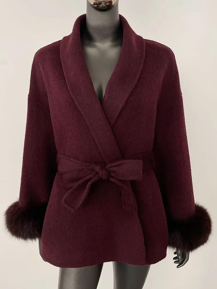 OFTBUY Oversize Loose Autumn Winter Women Coat Real Natural Fox Fur V-neck Woolen Blends Jacket Thick Warm Casual New Overwears