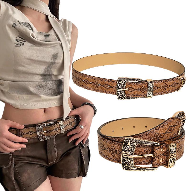 Vintage White Stone Buckle Belt Engraved Flower Belt Embossed Leather Belt Boho Western Belt Jeans Belt