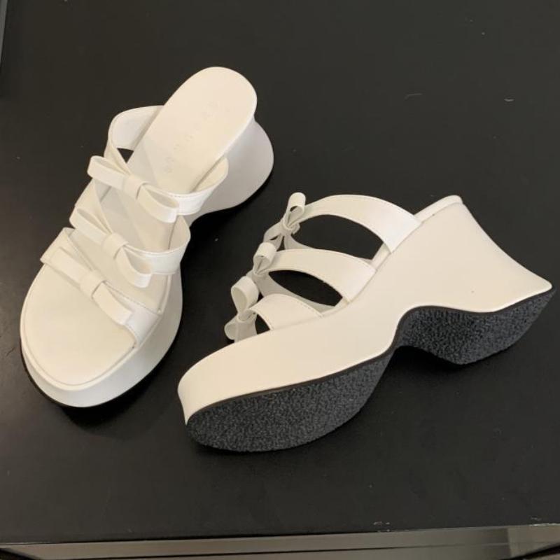 Silver Platform High Heeled Slipper Fashion Bow Party Open Toe Casual Sandals Summer Comfortable Non-Slip Beach Mule Shoe Female
