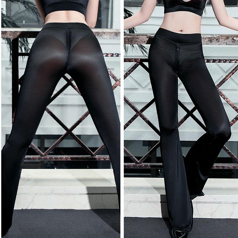 Sexy Shiny Zipper Open Crotch Flare Pants Hollow Out Crotchless Smooth Sexy Hips Capris High Waist See Through Sexy Pants F20