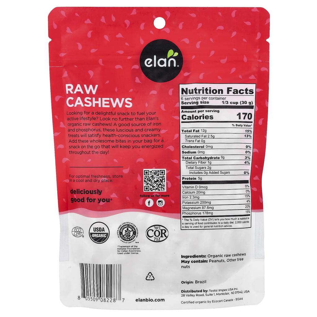 Elan, Organic Cashews, Raw Cashews, 185g (6.5oz)