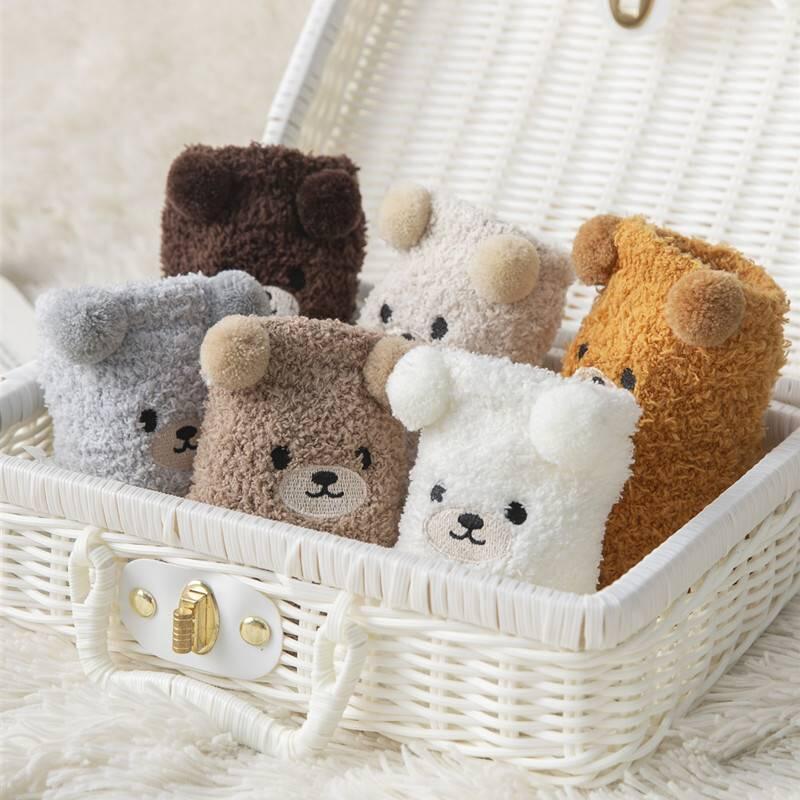 Winter compression-free cute teddy bear bell microfiber sleep socks 4 types in 1 set
