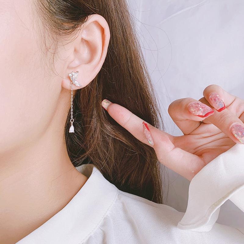 925 Silver Butterfly Tassel Earrings For Women Sparkling Zircon Studs Fashionable Temperament Jewelry
